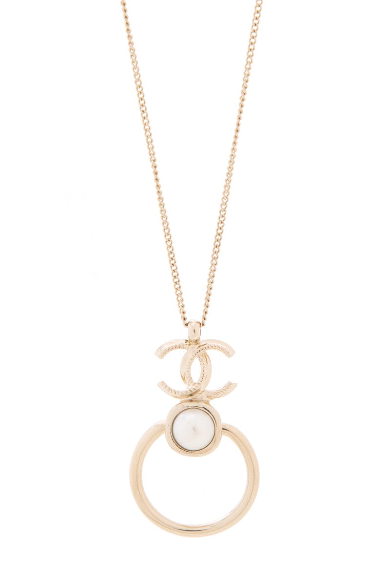 Chanel 2022 Cruise Metal Pearl CC Hoop Drop Pendant Silver Necklace