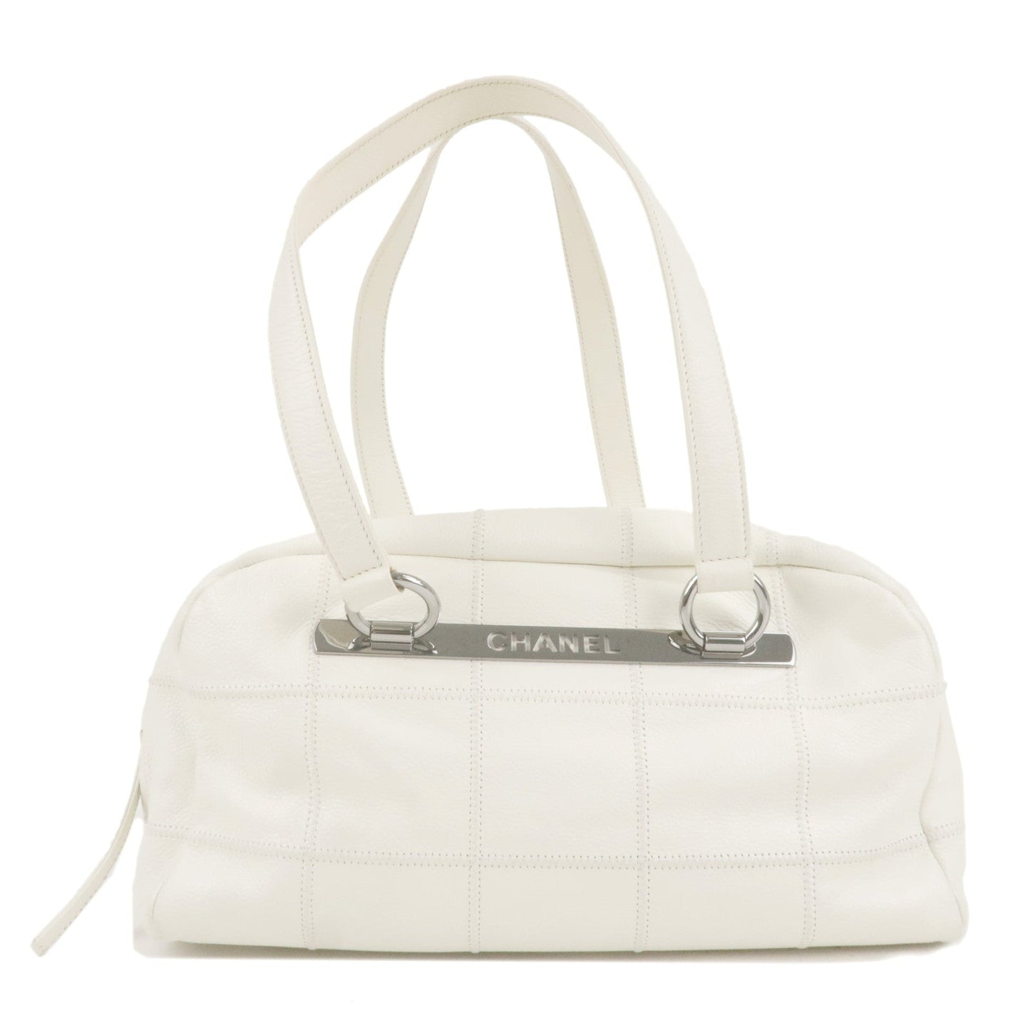 CHANEL Chocolate Bar Caviar Skin Mini Boston Bag White A26135