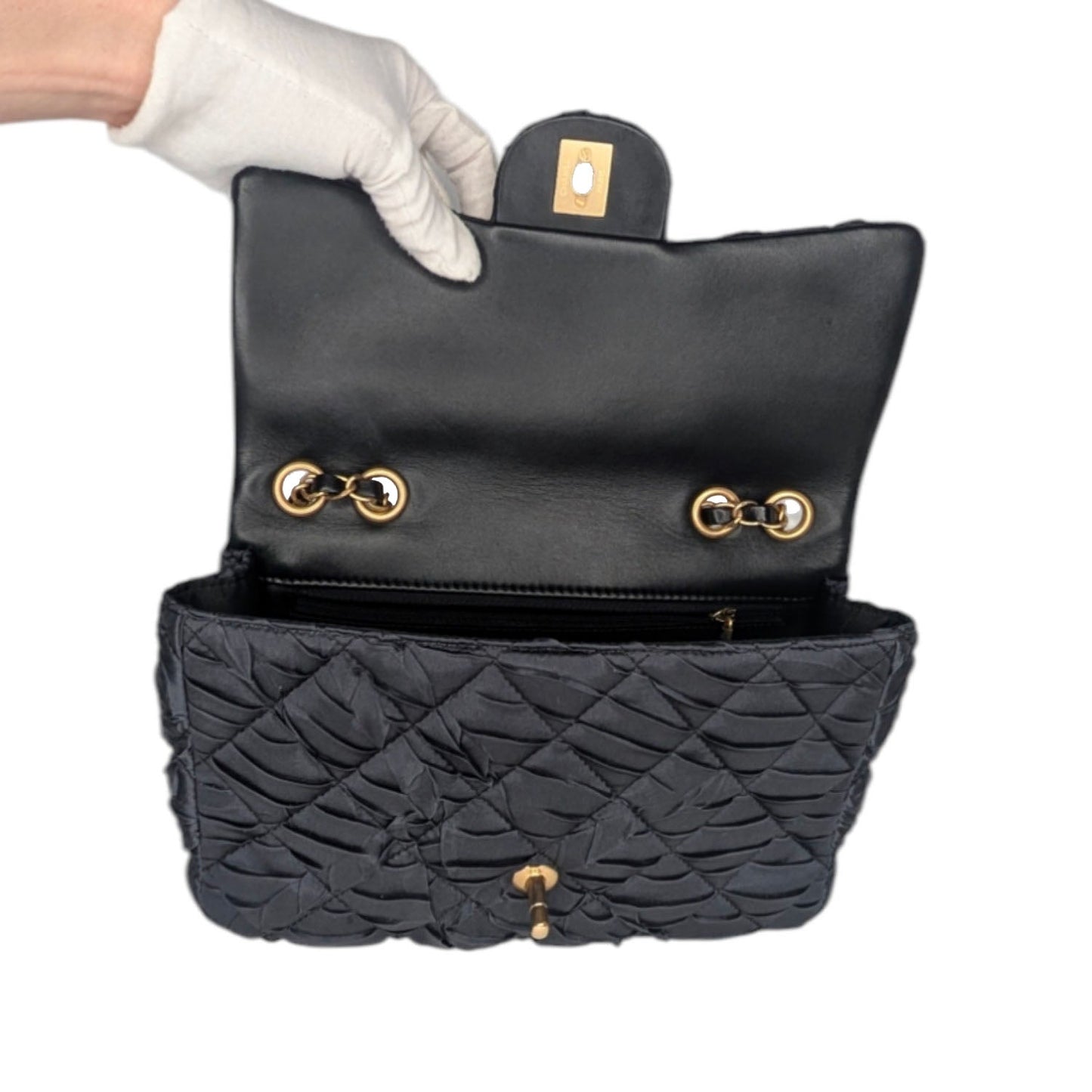 Chanel Black Satin Quilted Pleated Medium Single Flap