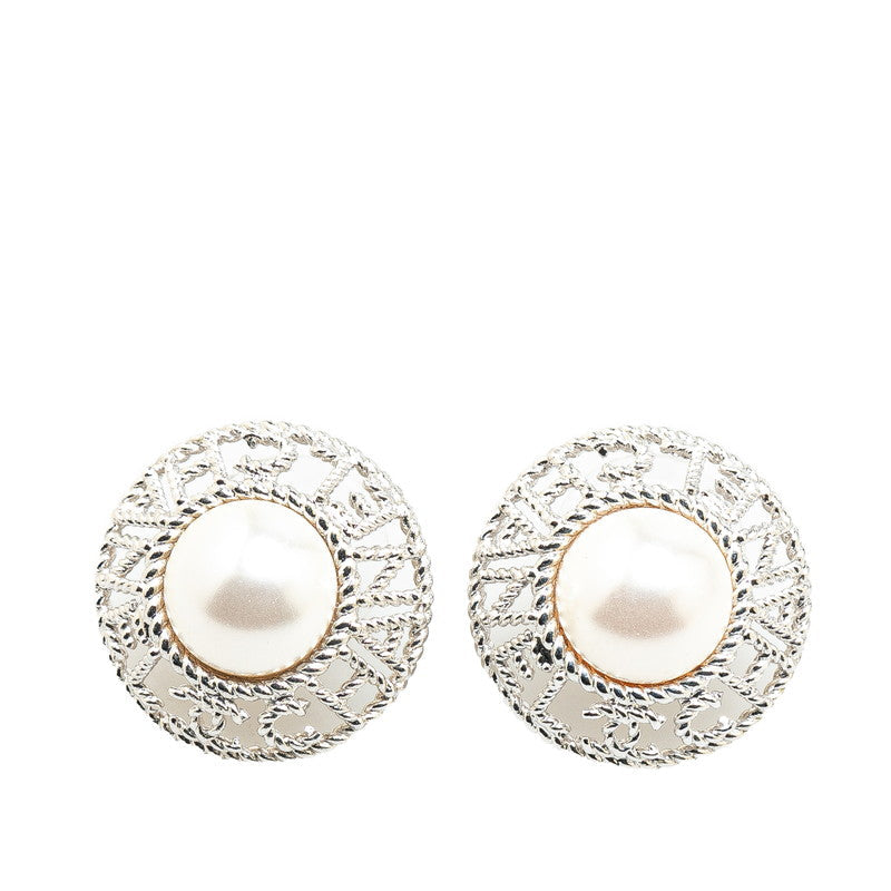 Chanel Logo Pearl Earrings Silver Metal