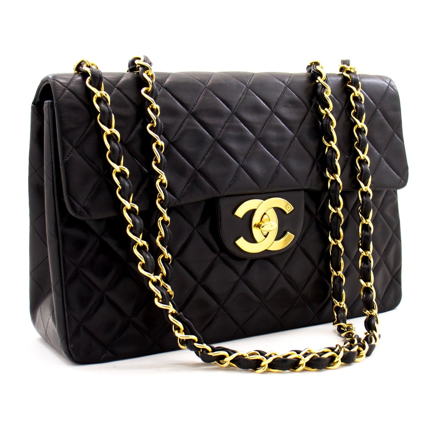 CHANEL Jumbo 13" Maxi 2.55 Flap Chain Shoulder Bag Black Lambskin d66
