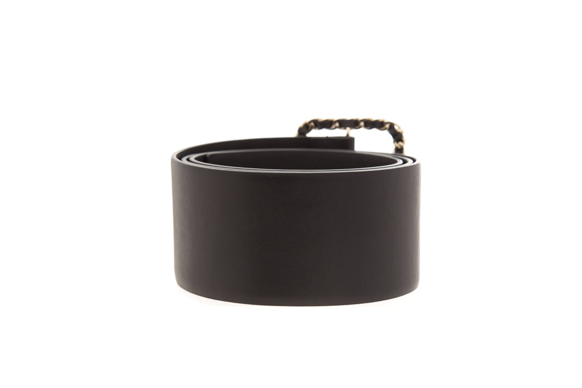 Chanel Black Leather Woven Buckle Wide Belt SZ 95/38