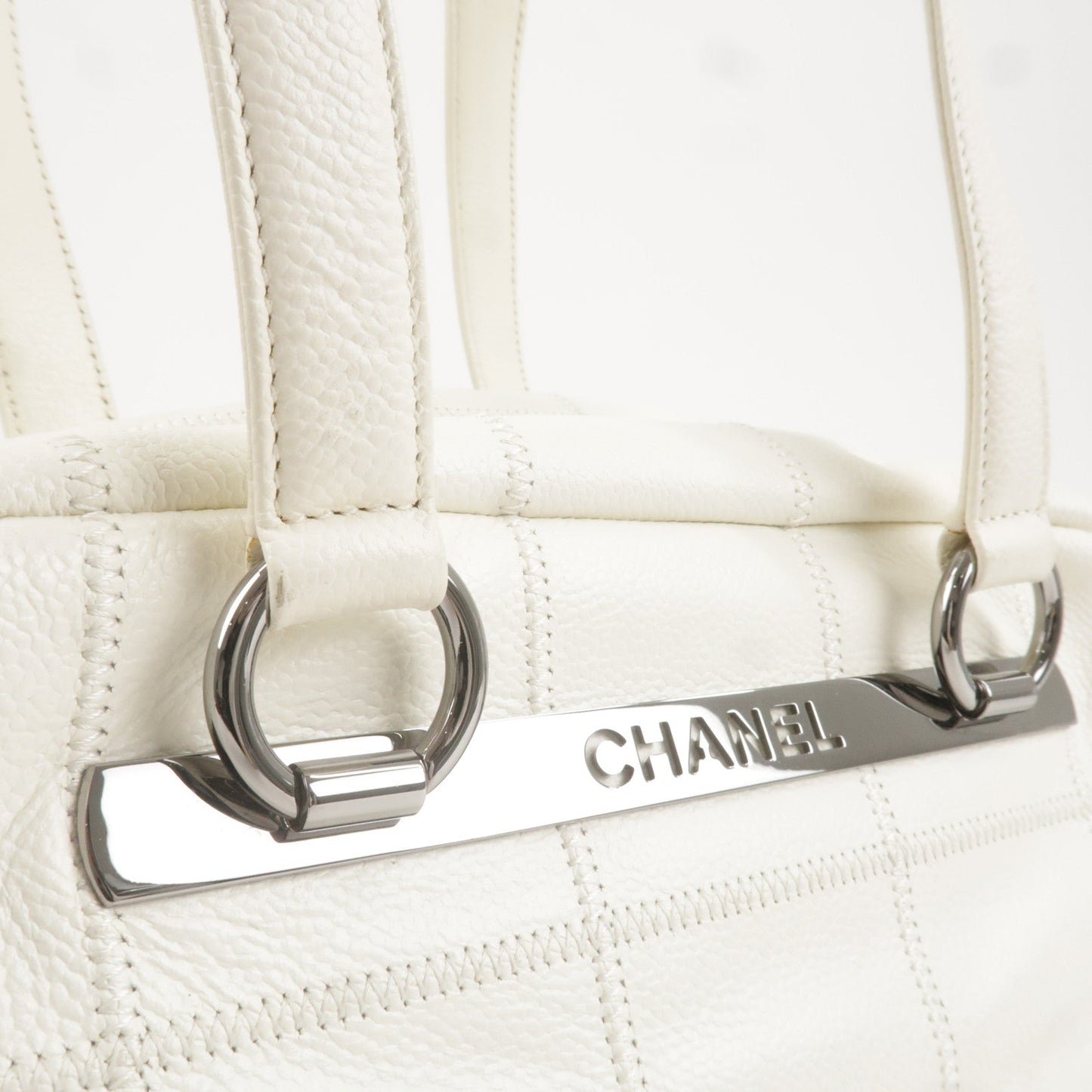 CHANEL Chocolate Bar Caviar Skin Mini Boston Bag White A26135