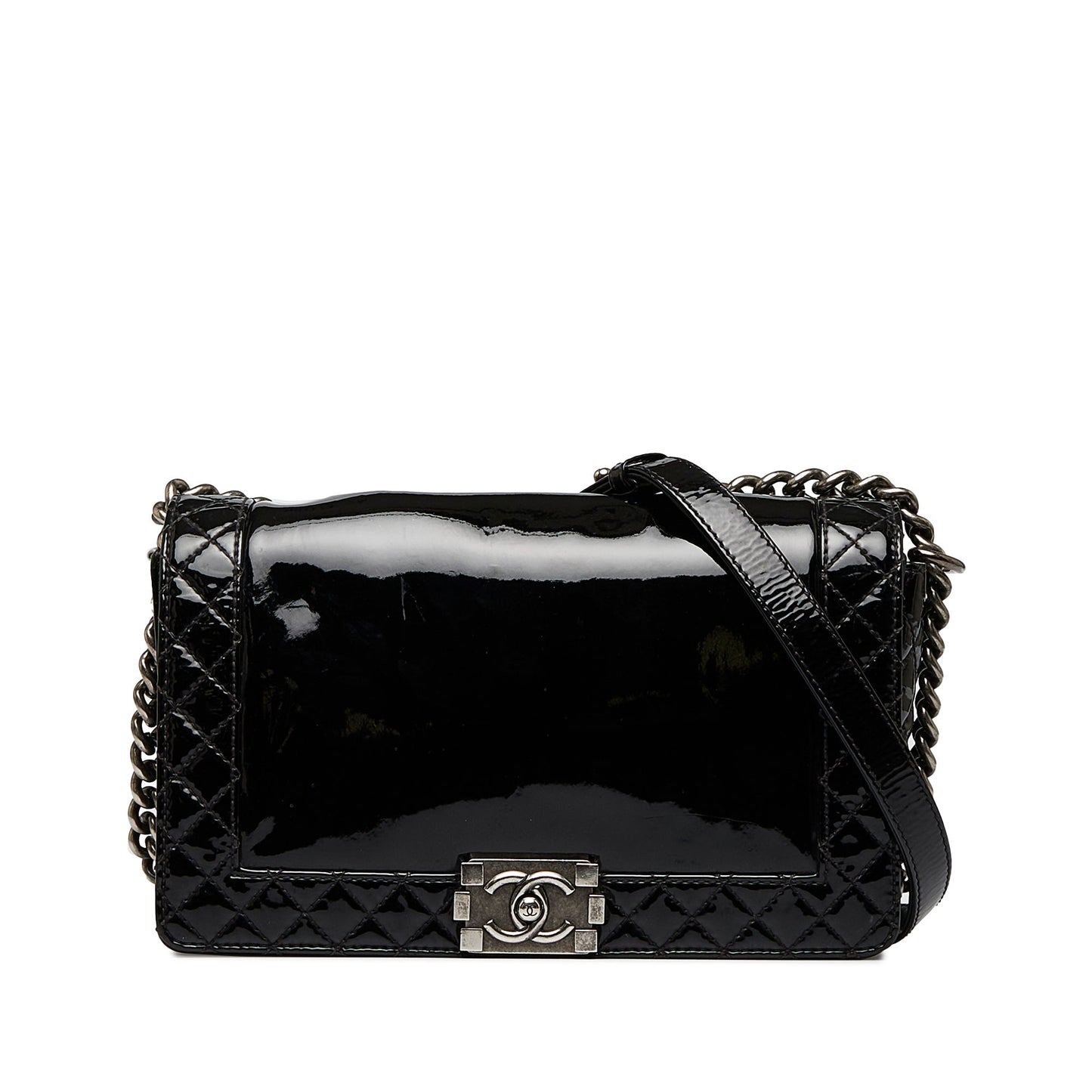 Black Chanel Medium Patent Reverso Boy Flap Crossbody Bag