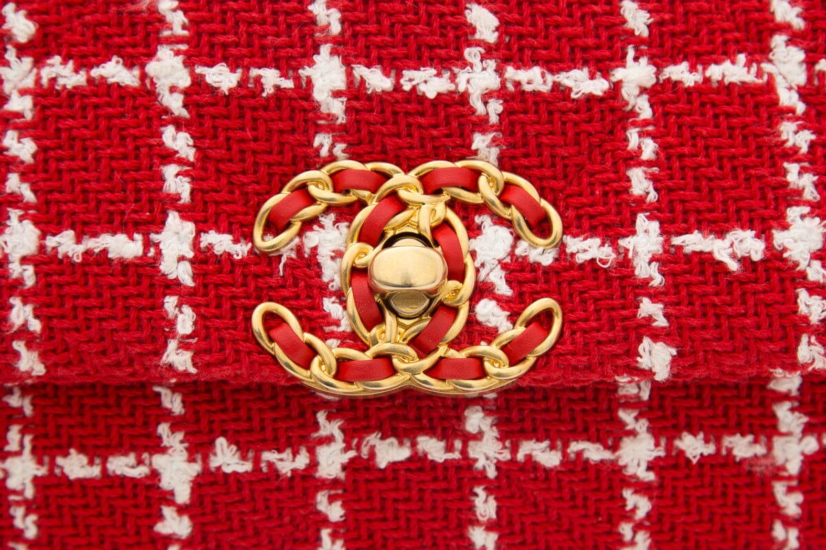 Chanel Tweed Quilted Flap Red & White Handbag