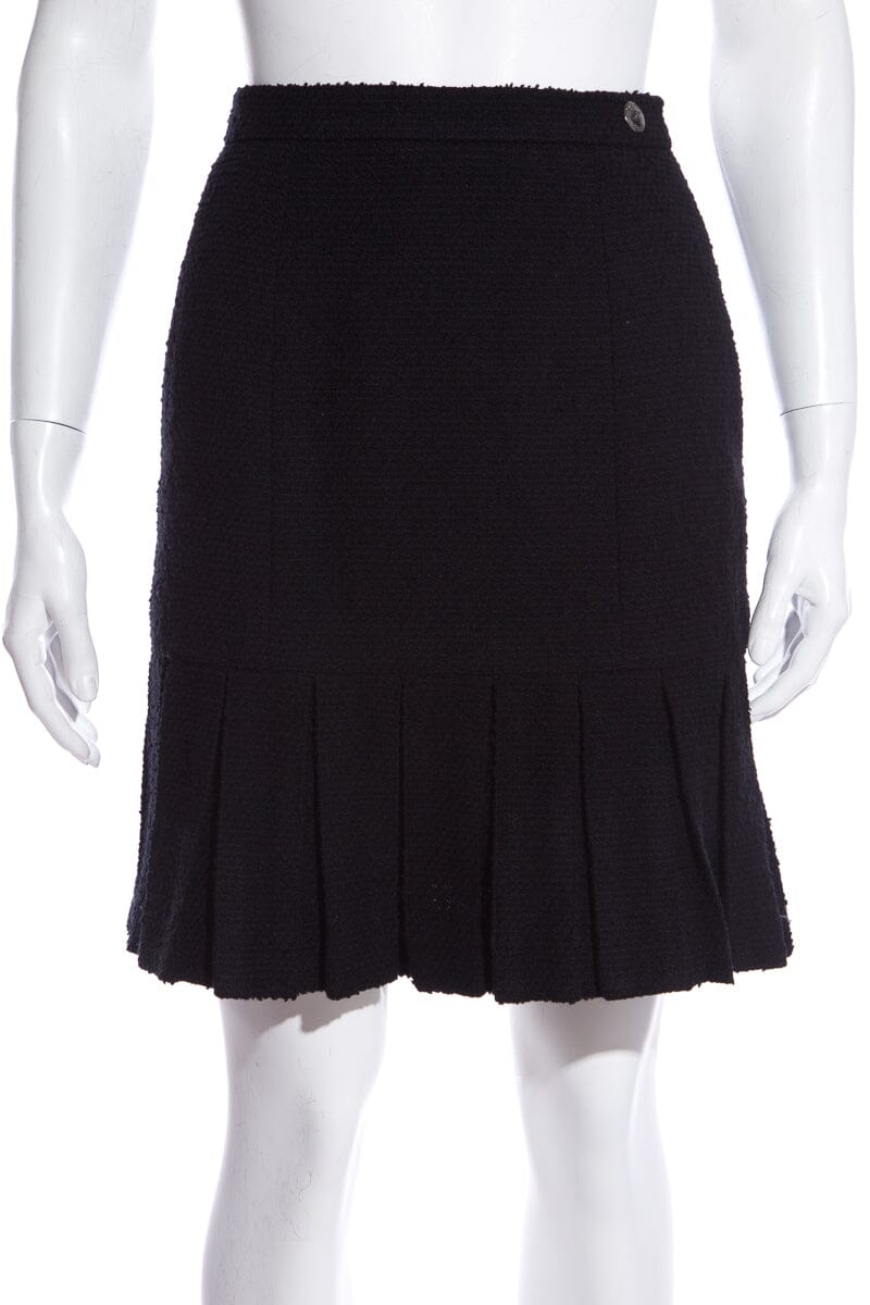 Chanel Black Tweed Pleated Bottom Skirt SZ 34