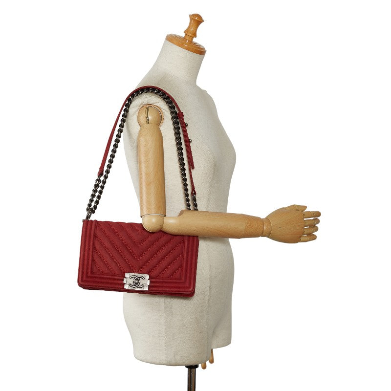 Chanel Boy Suede Chain Shoulder Bag Red Silver