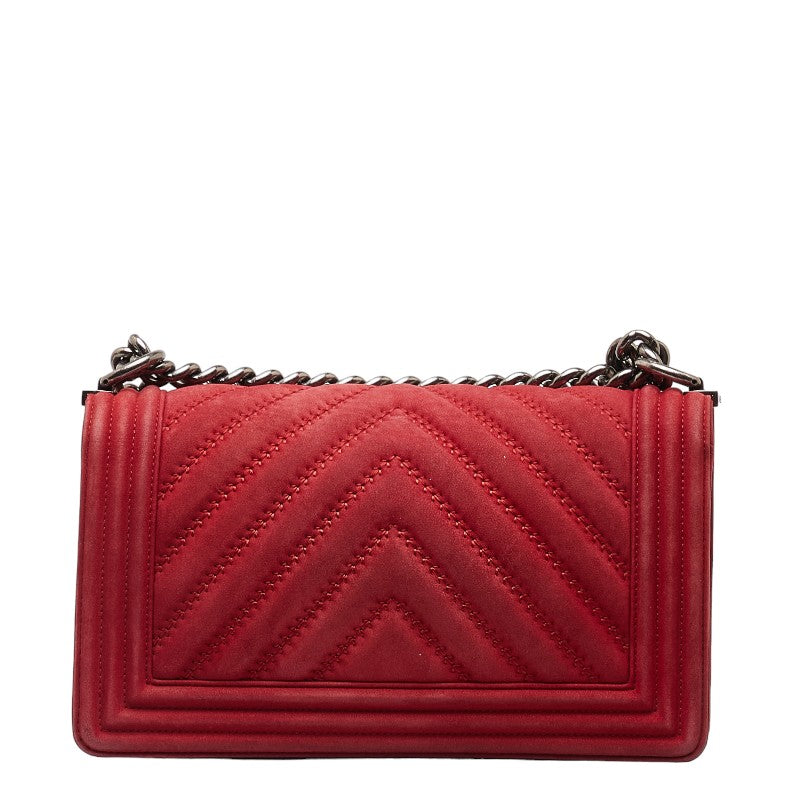 Chanel Boy Suede Chain Shoulder Bag Red Silver