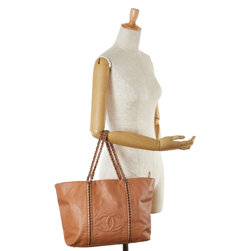 Chanel Leather Coco Mark Tote Bag Beige Brown