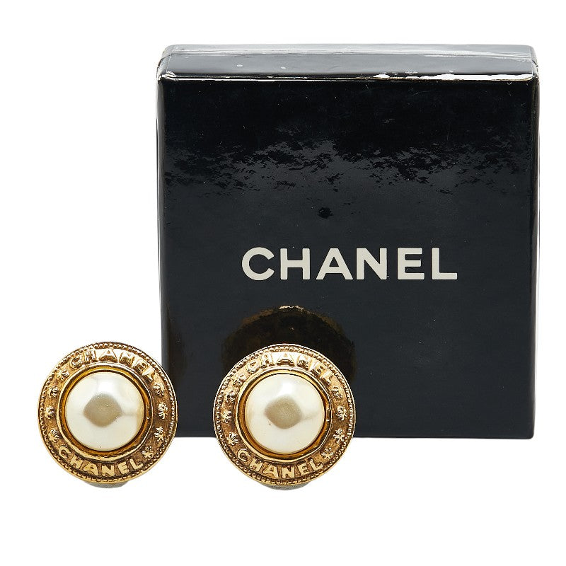 Chanel Logo Earrings Gold Plated Faux Pearl