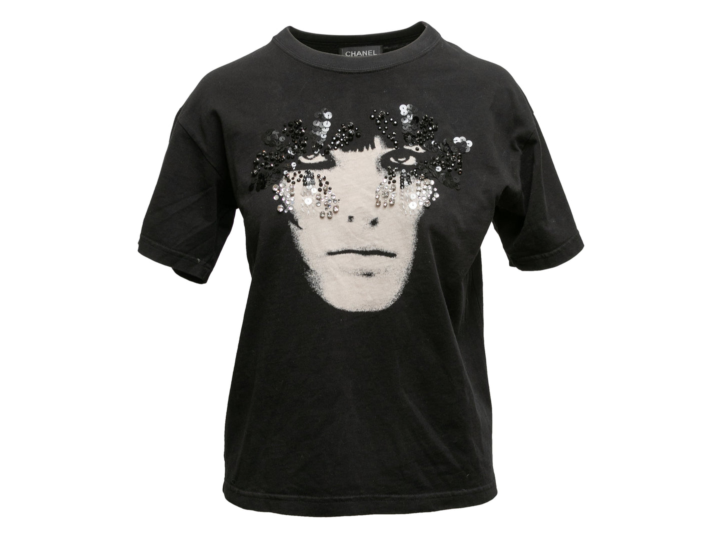Black & White Chanel Embellished Face Print T-Shirt Size US M