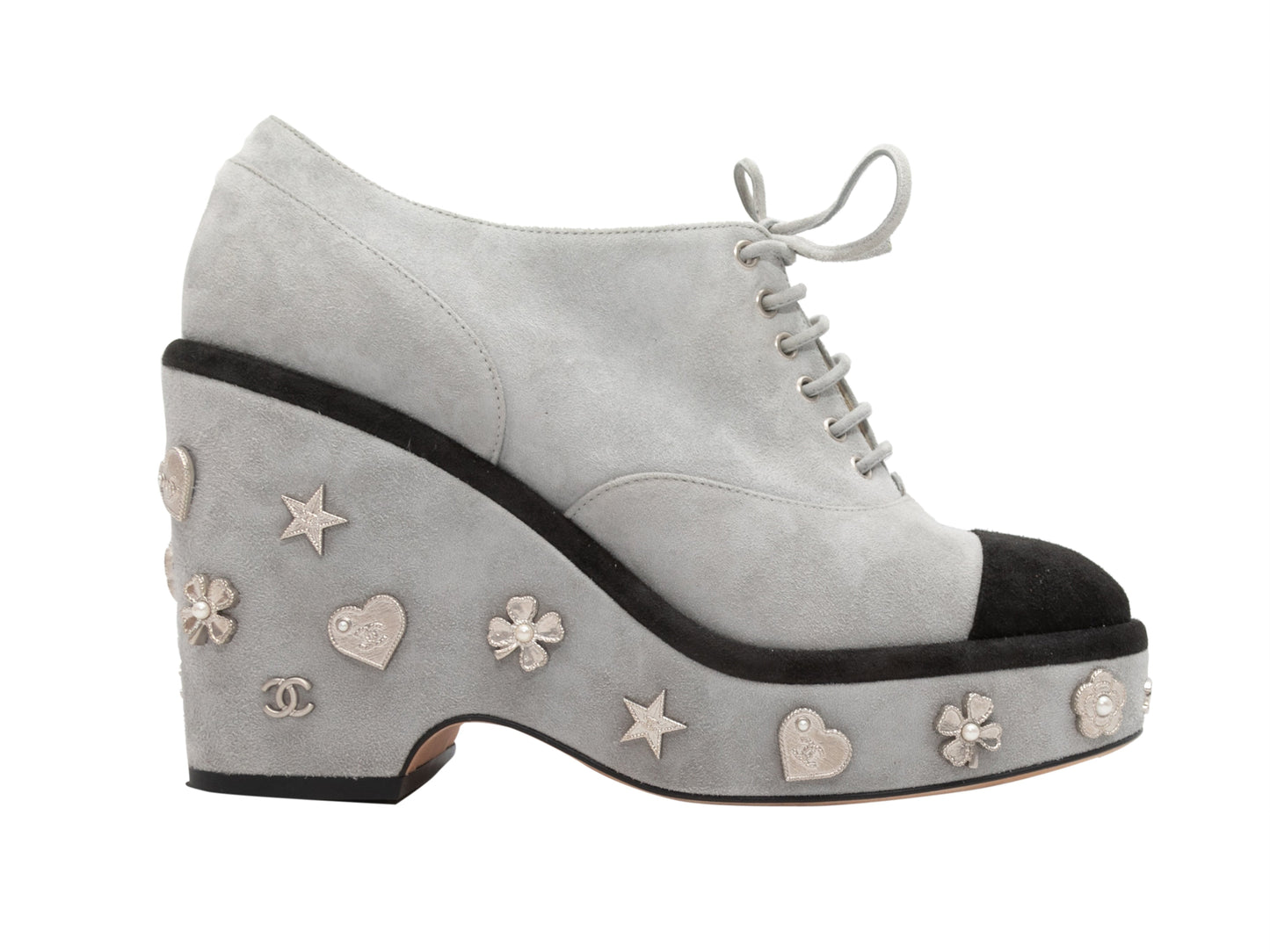 Grey & Black Chanel Suede Embellished Platform Oxfords Size 37.5