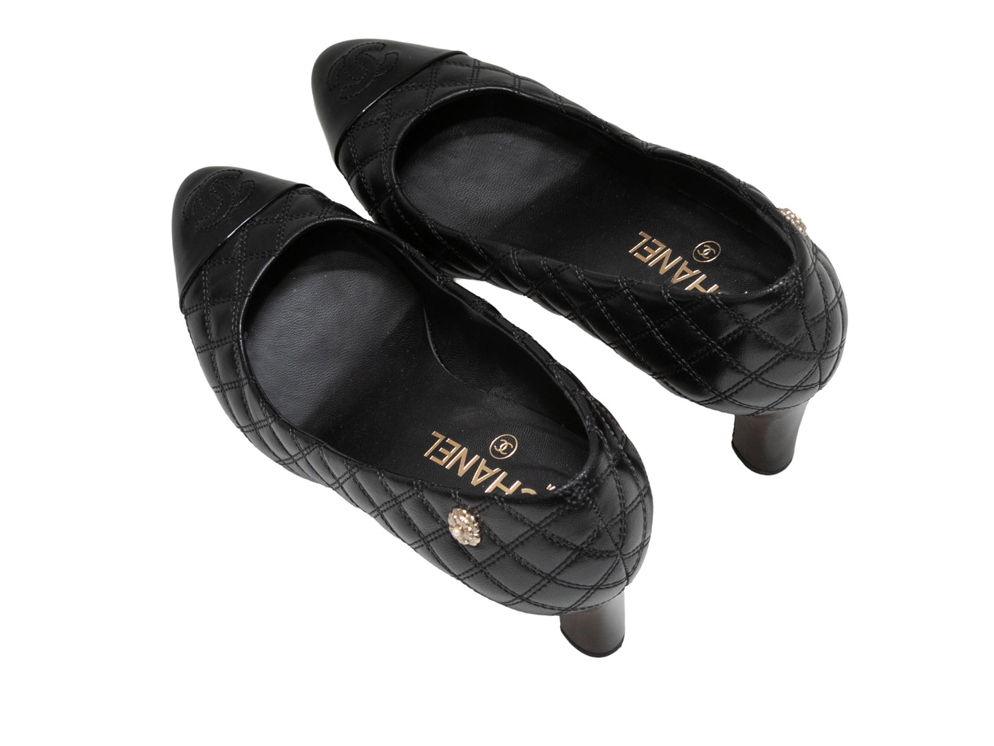 Black Chanel Quilted Pointed Cap-Toe Pumps Size 37.5
