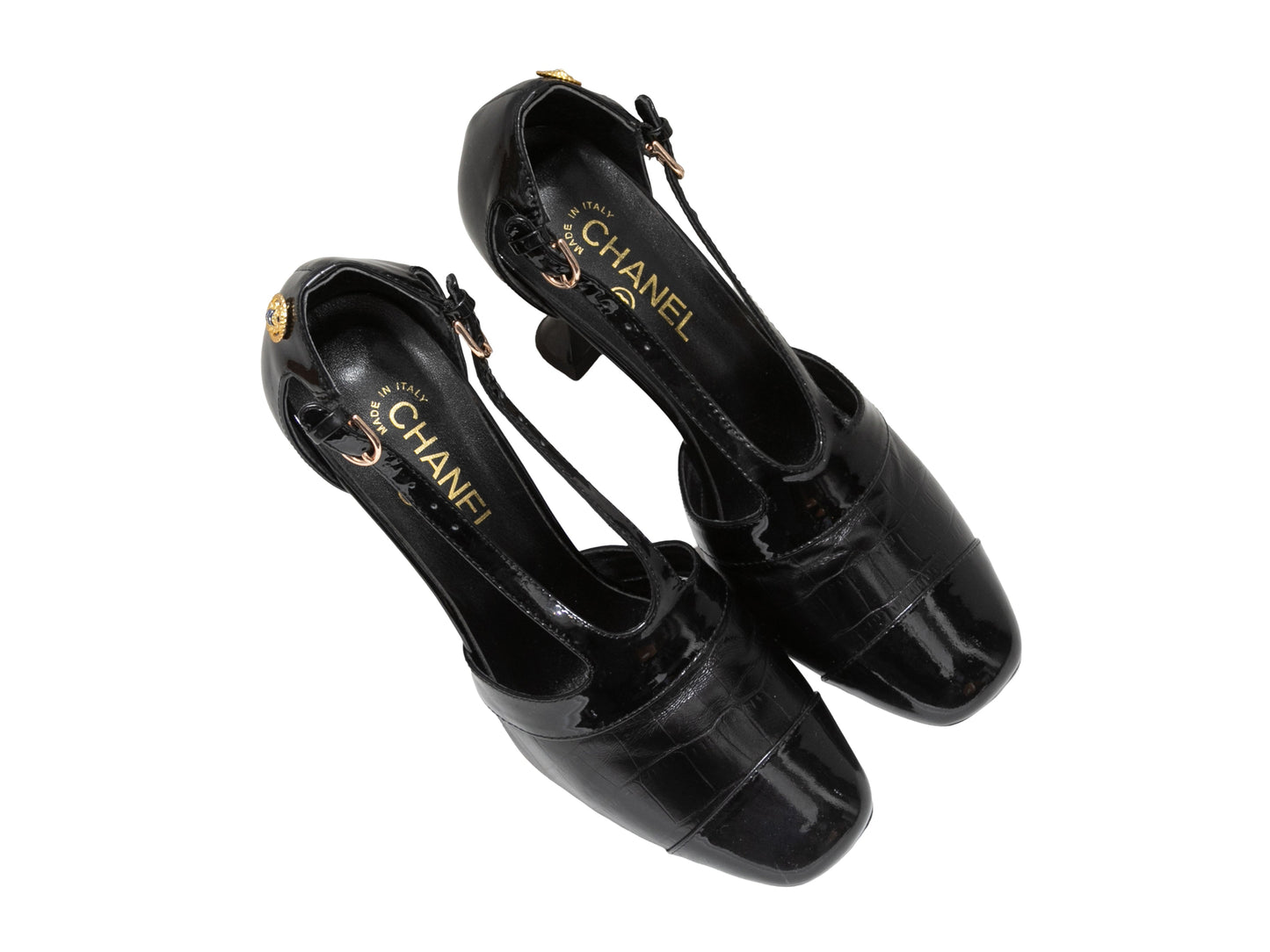 Black Chanel Patent & Embossed Leather Cutout Pumps Size 37