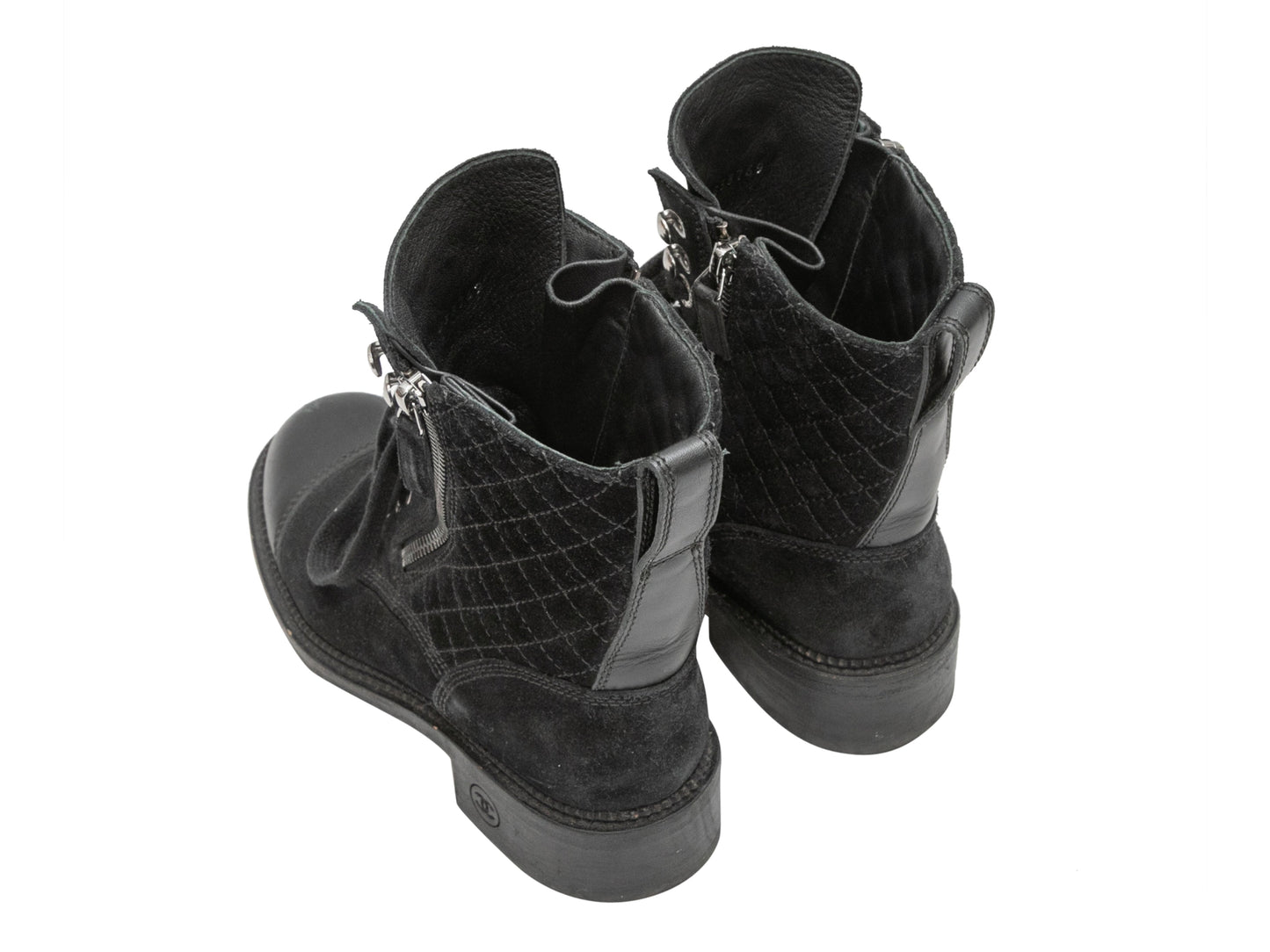 Black Chanel Quilted Suede Cap-Toe Combat Boots Size 35