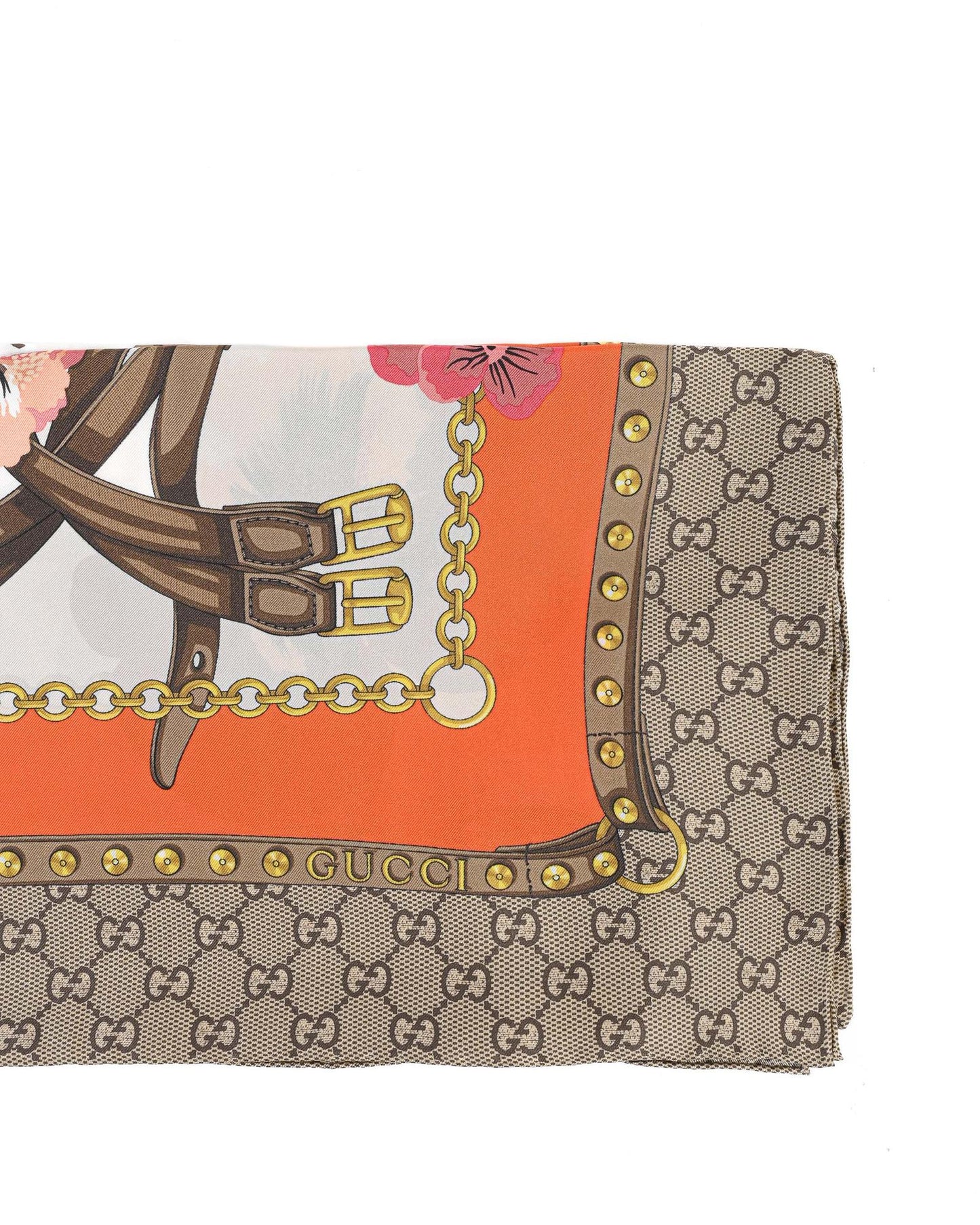 Gucci GG Supreme Silk Scarf with Floral Print and Chain Belt Motif