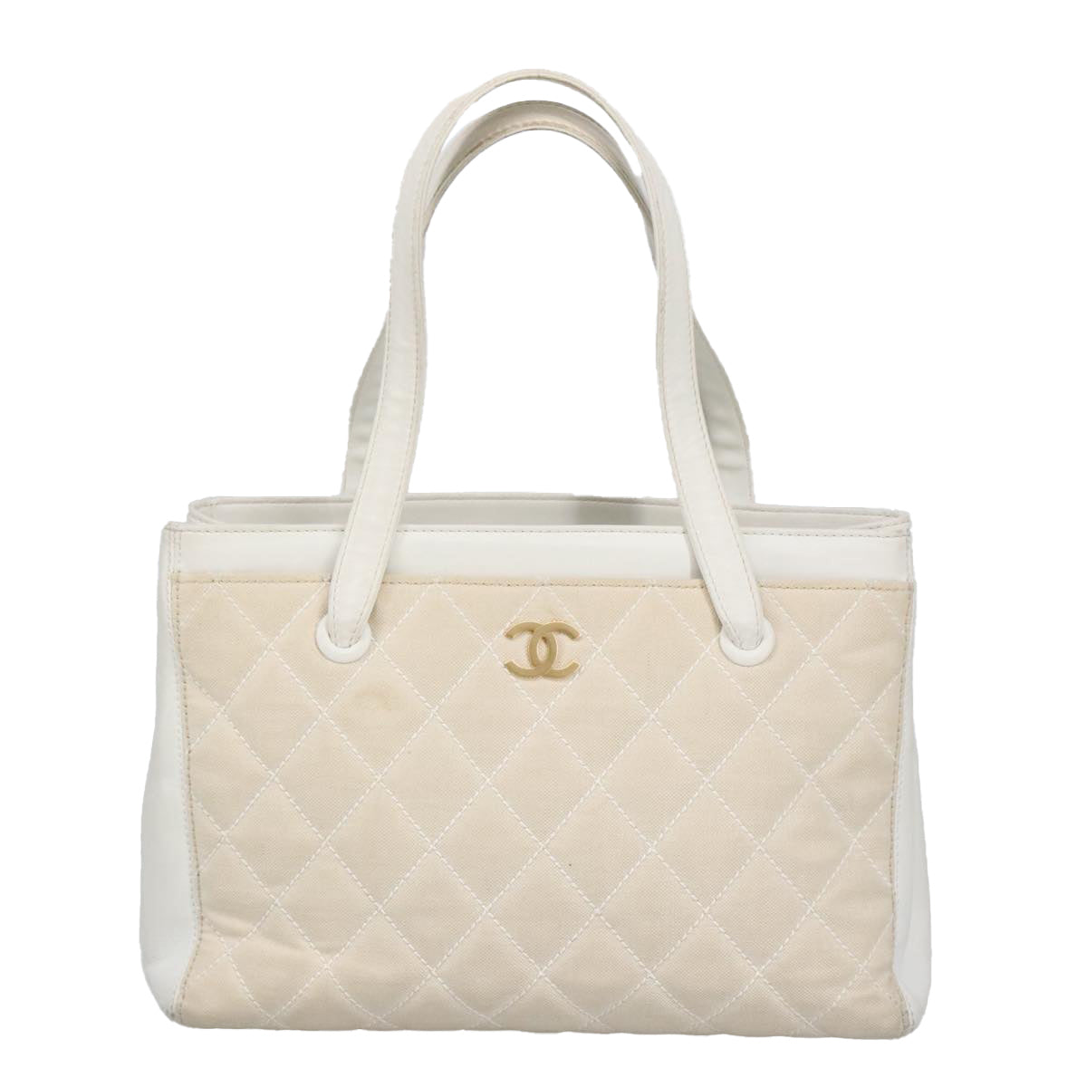 CHANEL Tote Bag Canvas Gold White CC 100722