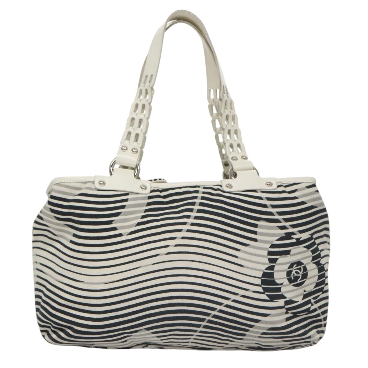 CHANEL Camelia Tote Bag Canvas White Black CC 101996