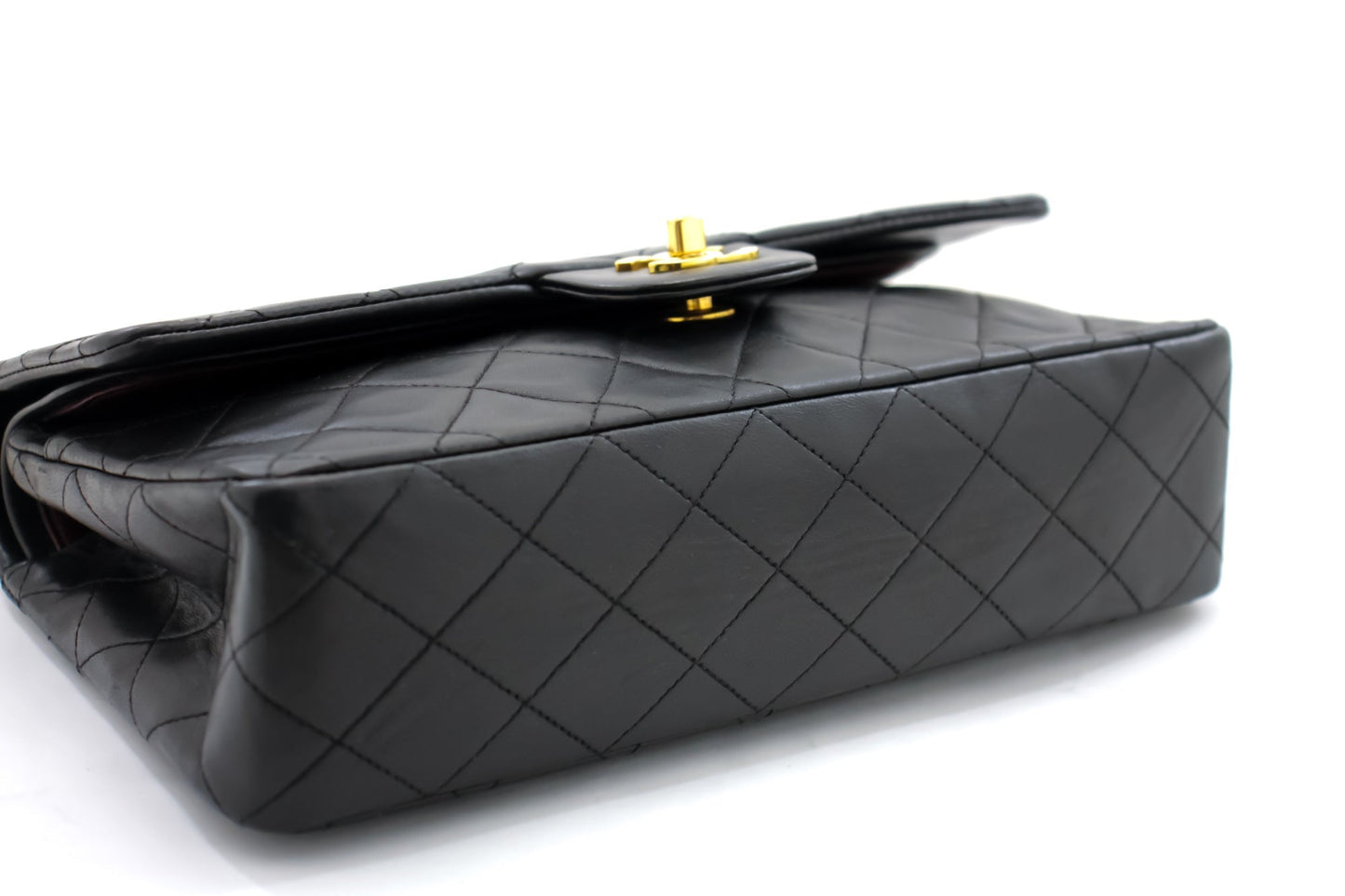 CHANEL Classic Double Flap 10" Chain Shoulder Bag Black Lambskin i68