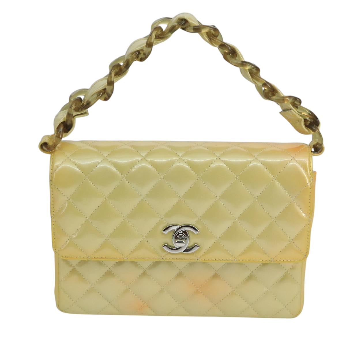 CHANEL Matelasse Hand Bag Patent leather Yellow CC 102023A