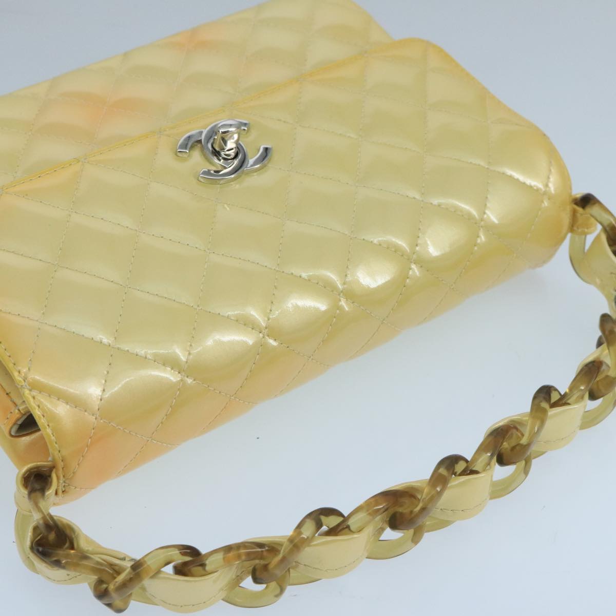 CHANEL Matelasse Hand Bag Patent leather Yellow CC 102023A