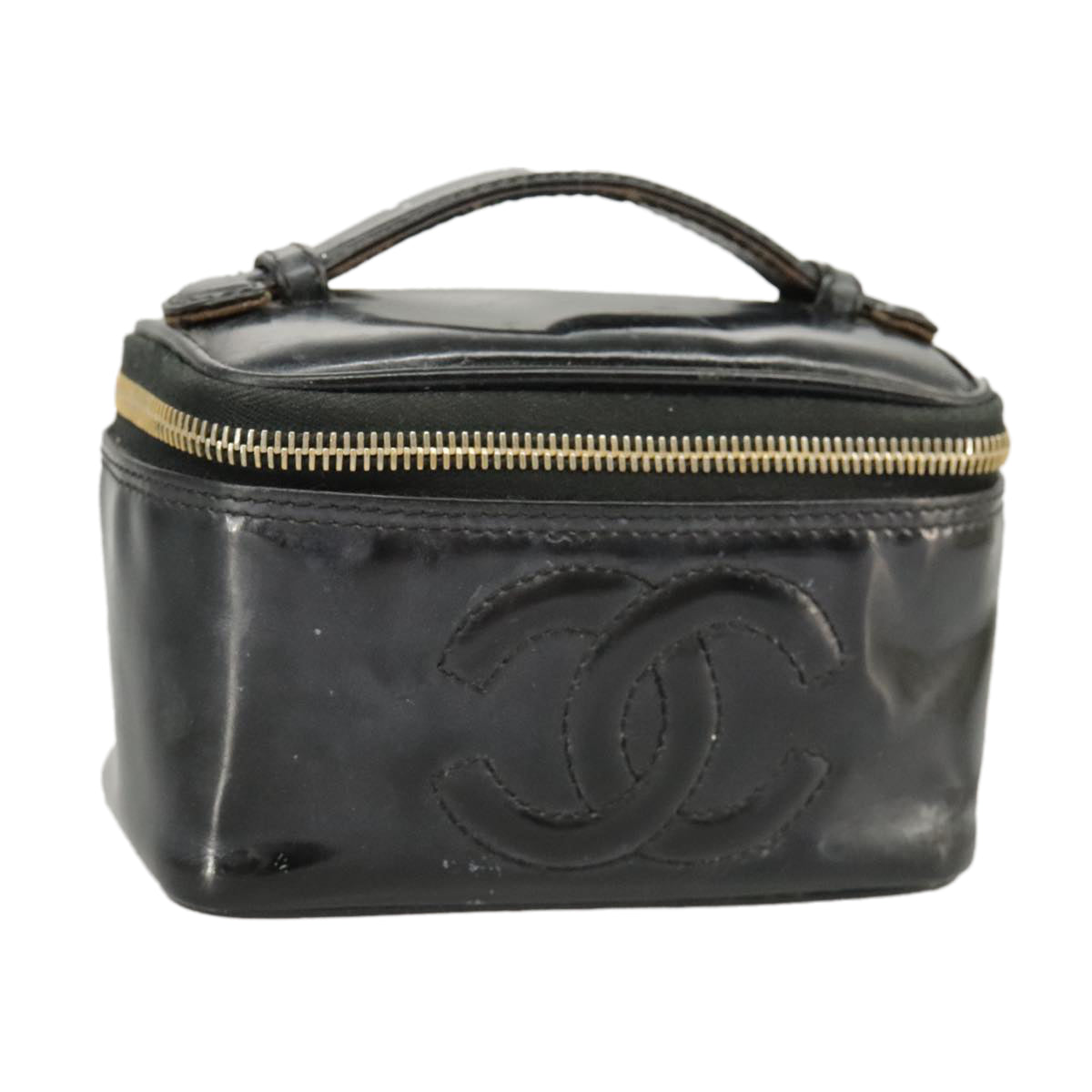 CHANEL Vanity Hand Bag Patent leather Black Gold CC 102205
