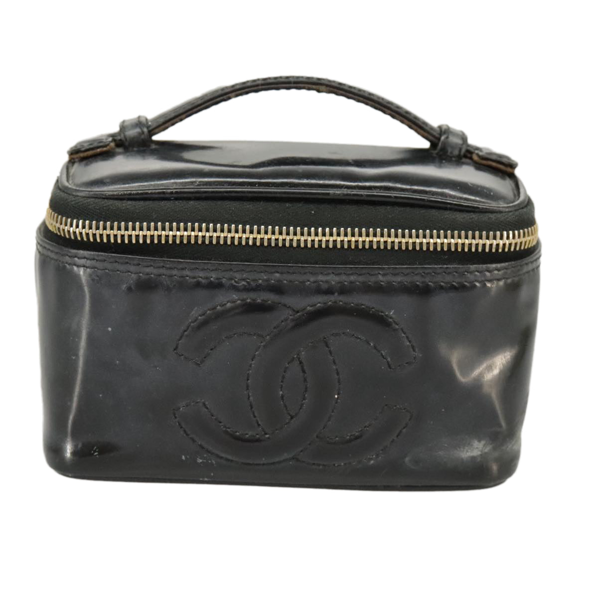 CHANEL Vanity Hand Bag Patent leather Black Gold CC 102205