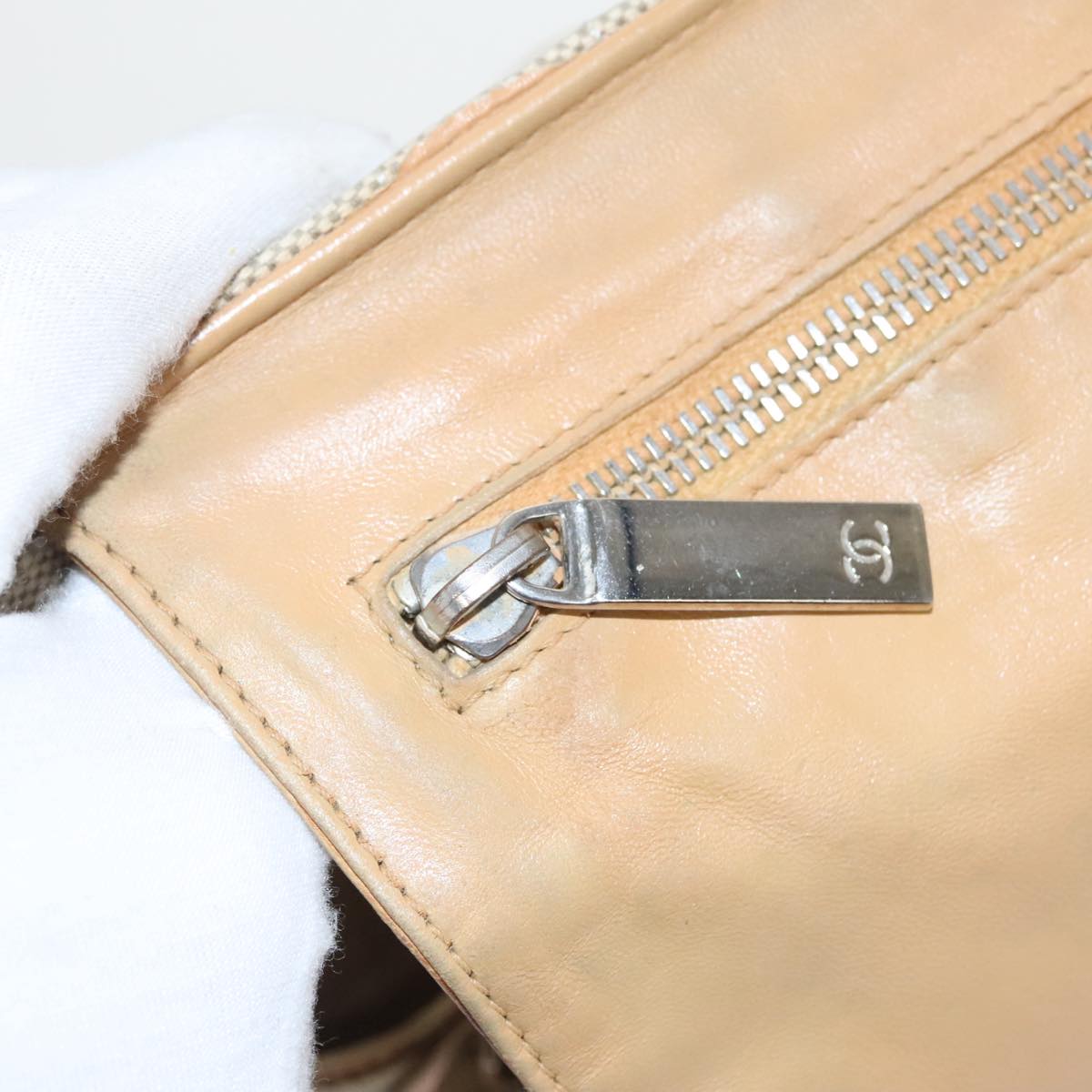CHANEL Camelia Hand Bag Canvas Beige Silver CC 102317