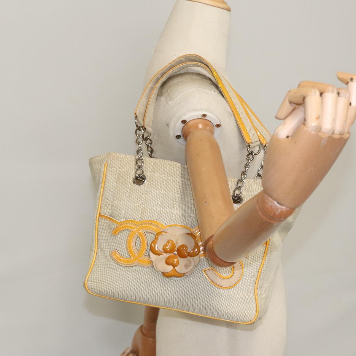 CHANEL Camelia Hand Bag Canvas Beige Silver CC 102317