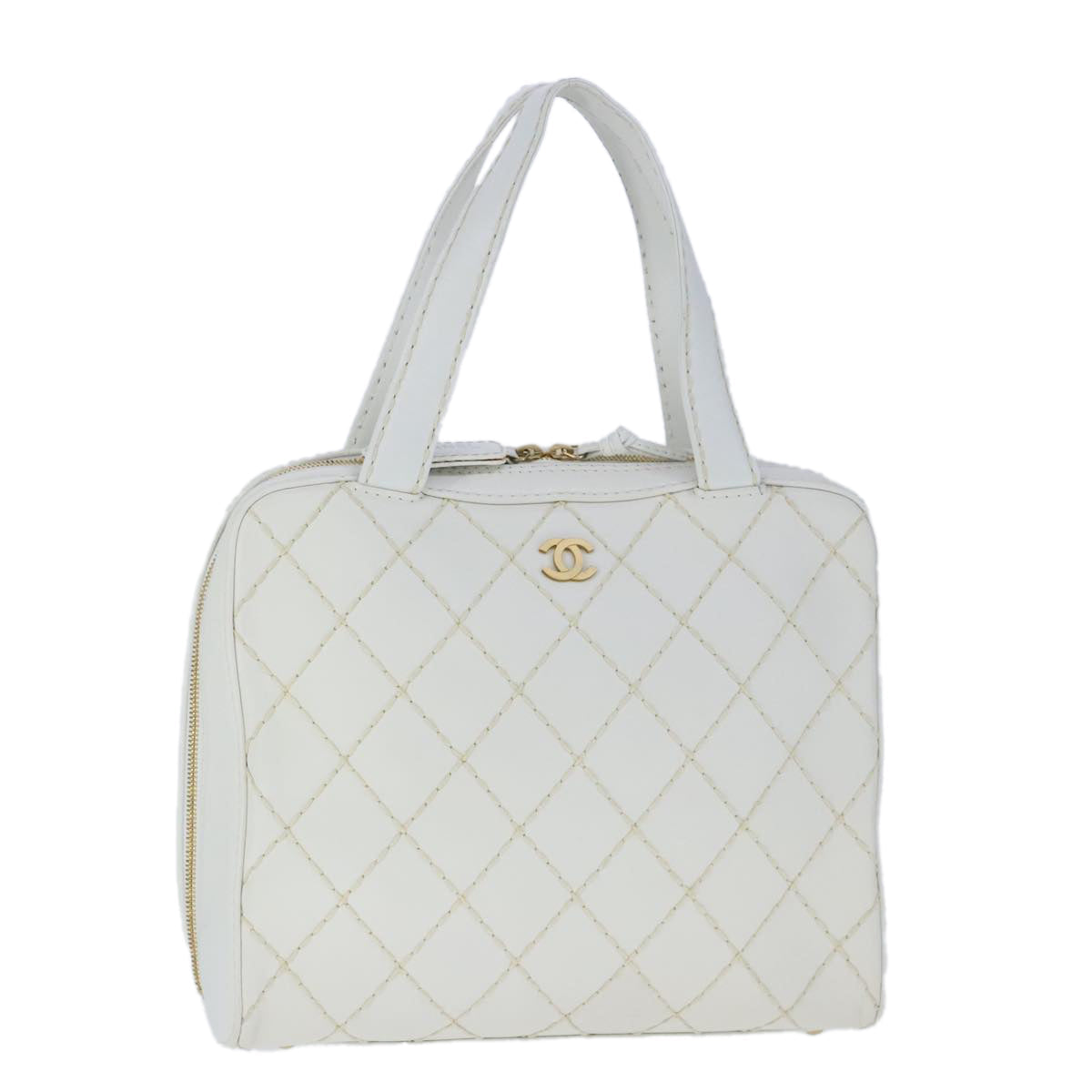 CHANEL Matelasse Wild Stitch Hand Bag Leather White Gold CC 102622