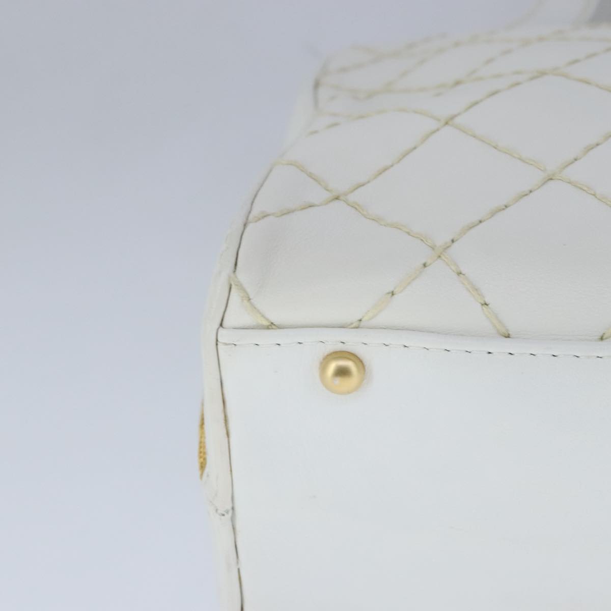 CHANEL Matelasse Wild Stitch Hand Bag Leather White Gold CC 102622