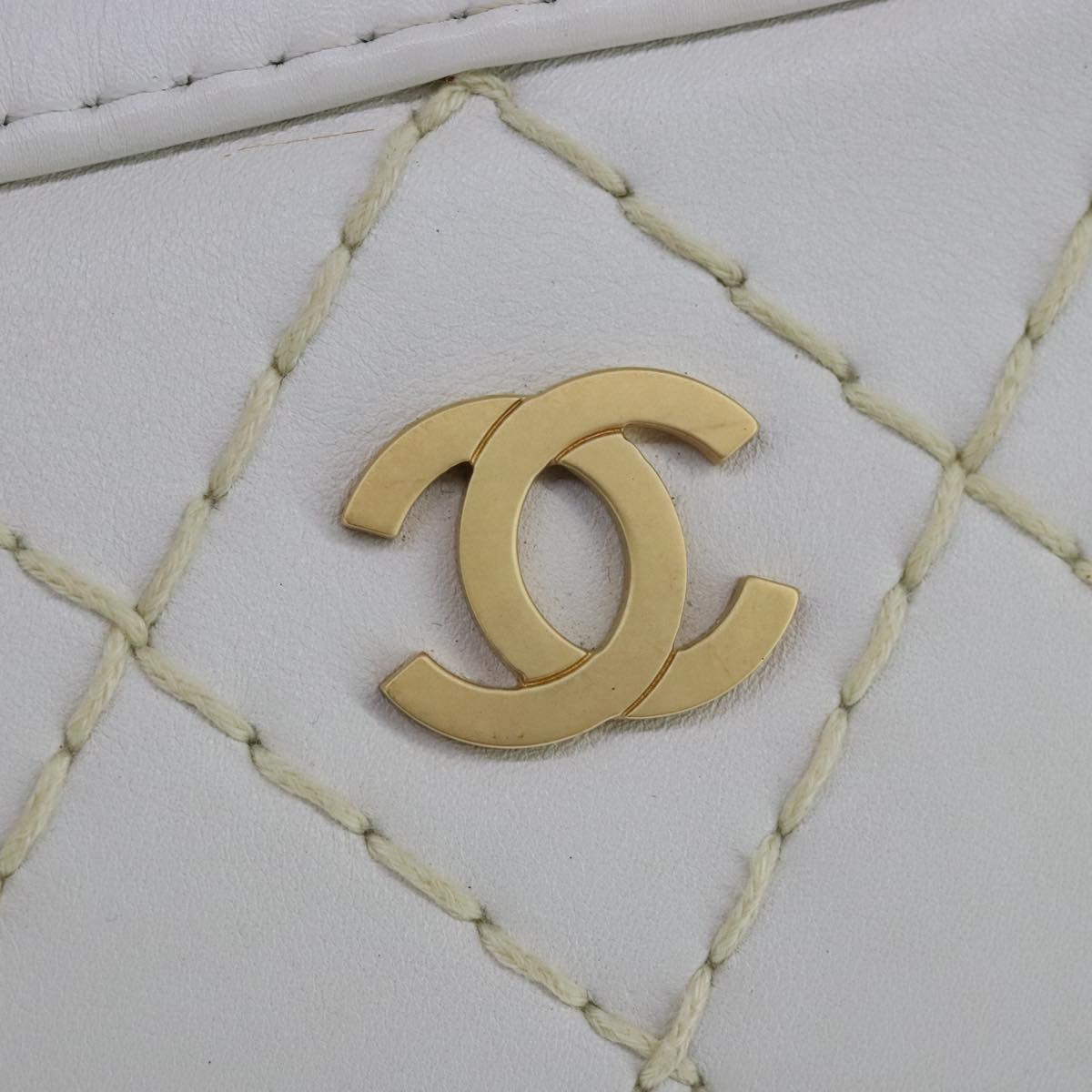 CHANEL Matelasse Wild Stitch Hand Bag Leather White Gold CC 102622