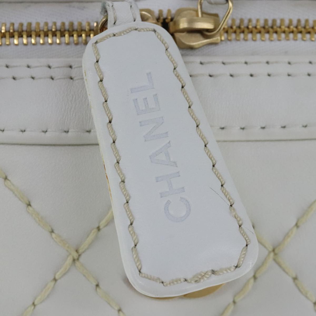 CHANEL Matelasse Wild Stitch Hand Bag Leather White Gold CC 102622