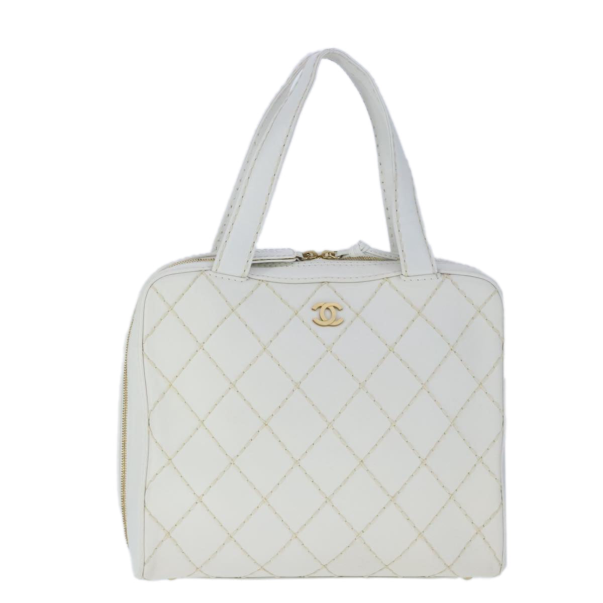 CHANEL Matelasse Wild Stitch Hand Bag Leather White Gold CC 102622