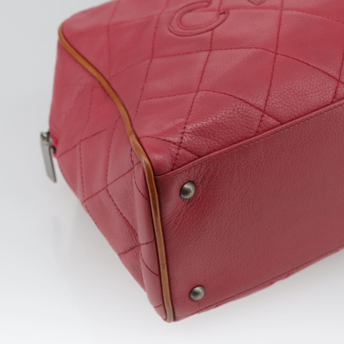 CHANEL Boston Bag Leather Red Silver CC 102690