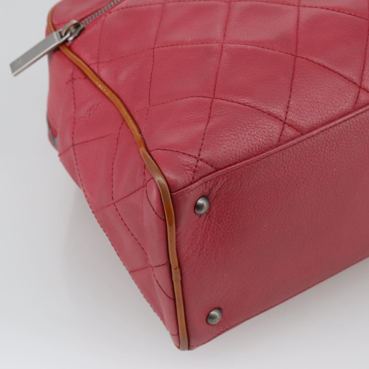 CHANEL Boston Bag Leather Red Silver CC 102690