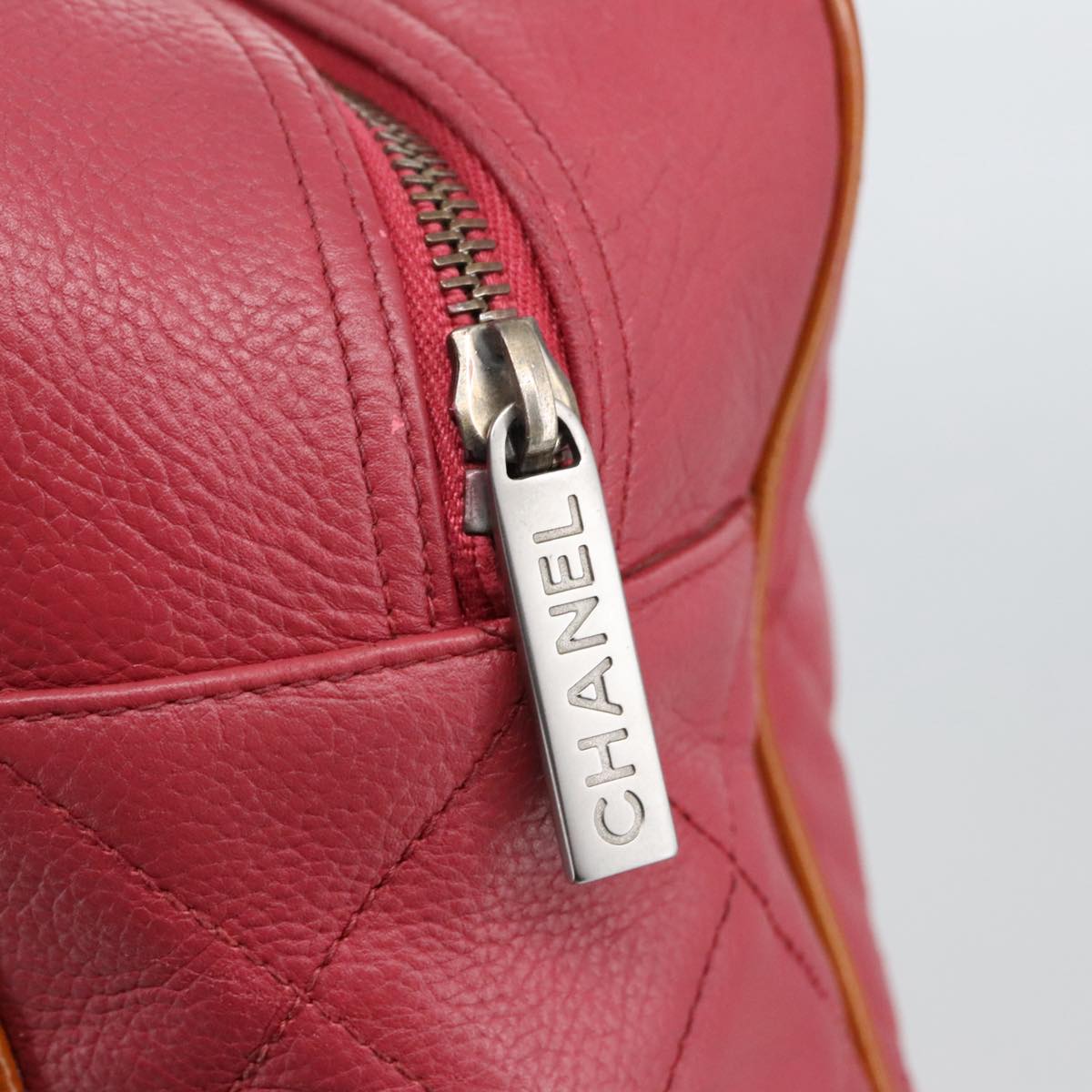 CHANEL Boston Bag Leather Red Silver CC 102690
