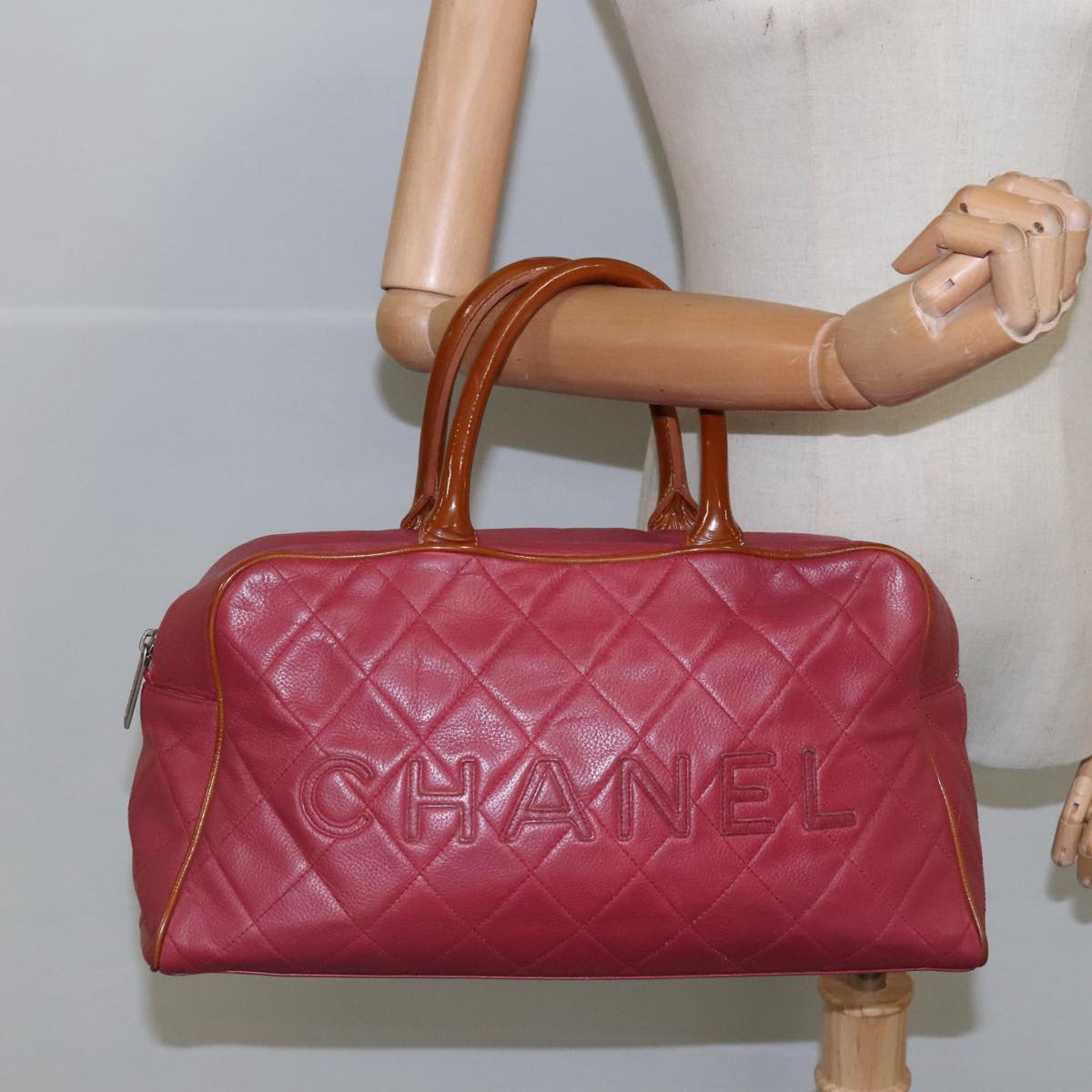 CHANEL Boston Bag Leather Red Silver CC 102690
