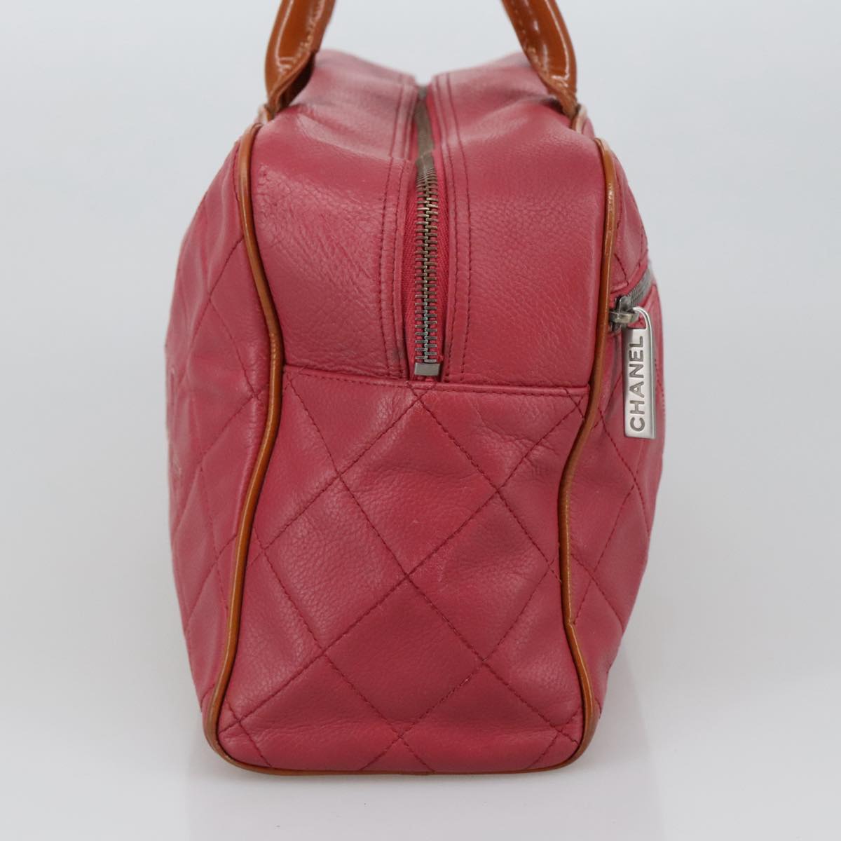 CHANEL Boston Bag Leather Red Silver CC 102690