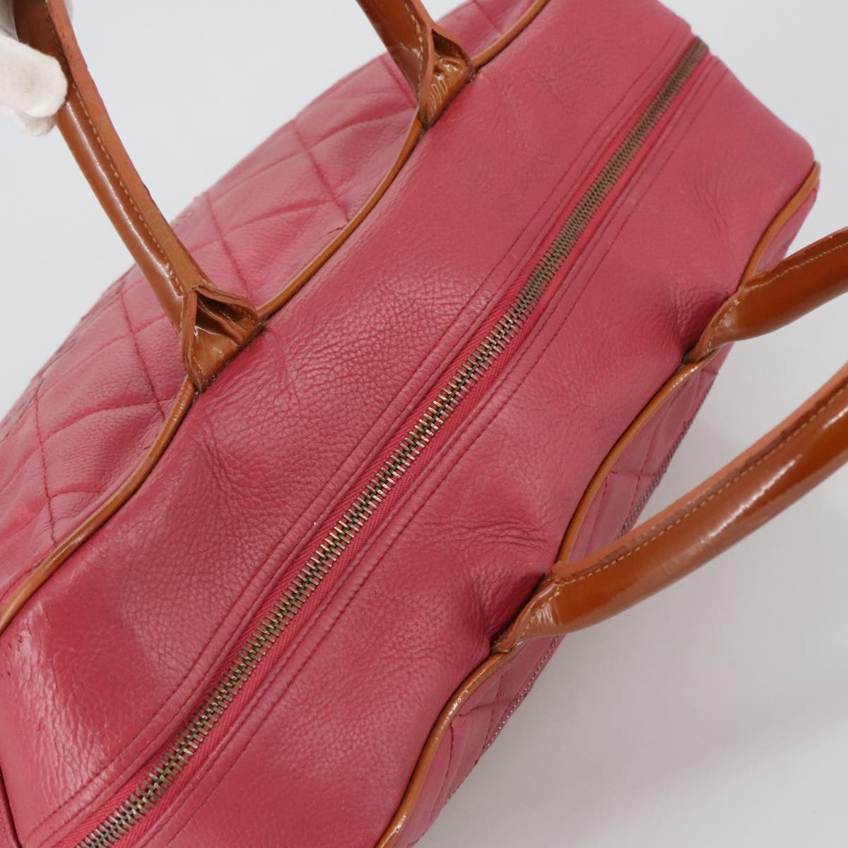 CHANEL Boston Bag Leather Red Silver CC 102690