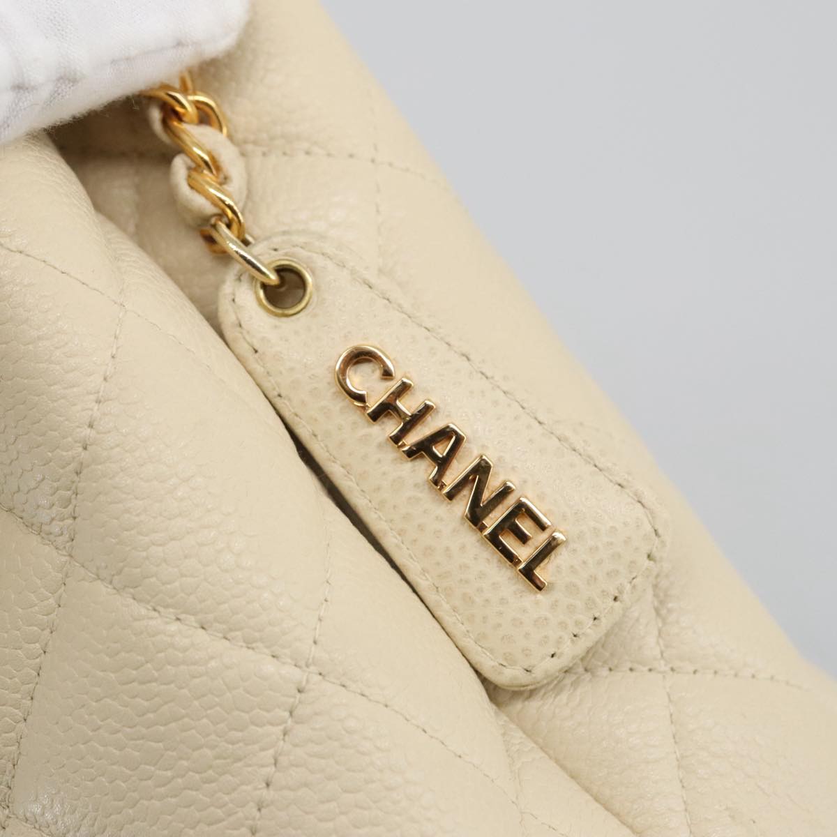 CHANEL Matelasse Chain Hand Bag Caviar Skin Beige Gold CC 102830