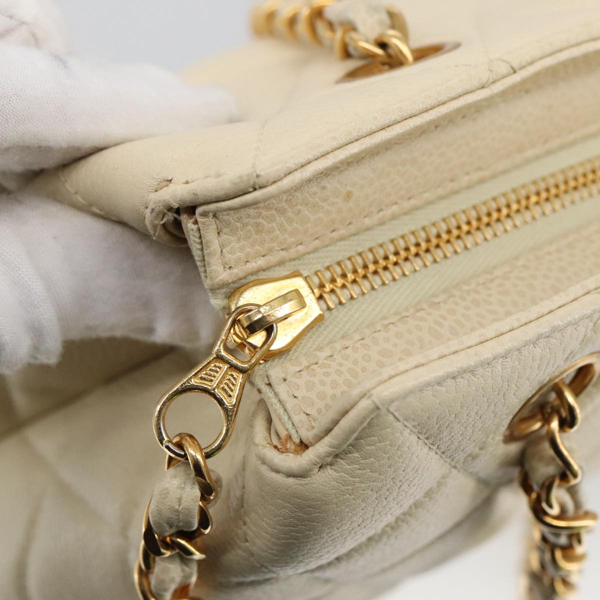 CHANEL Matelasse Chain Hand Bag Caviar Skin Beige Gold CC 102830