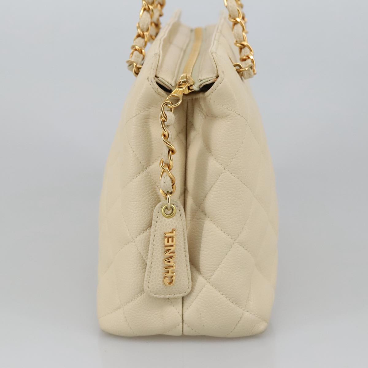 CHANEL Matelasse Chain Hand Bag Caviar Skin Beige Gold CC 102830