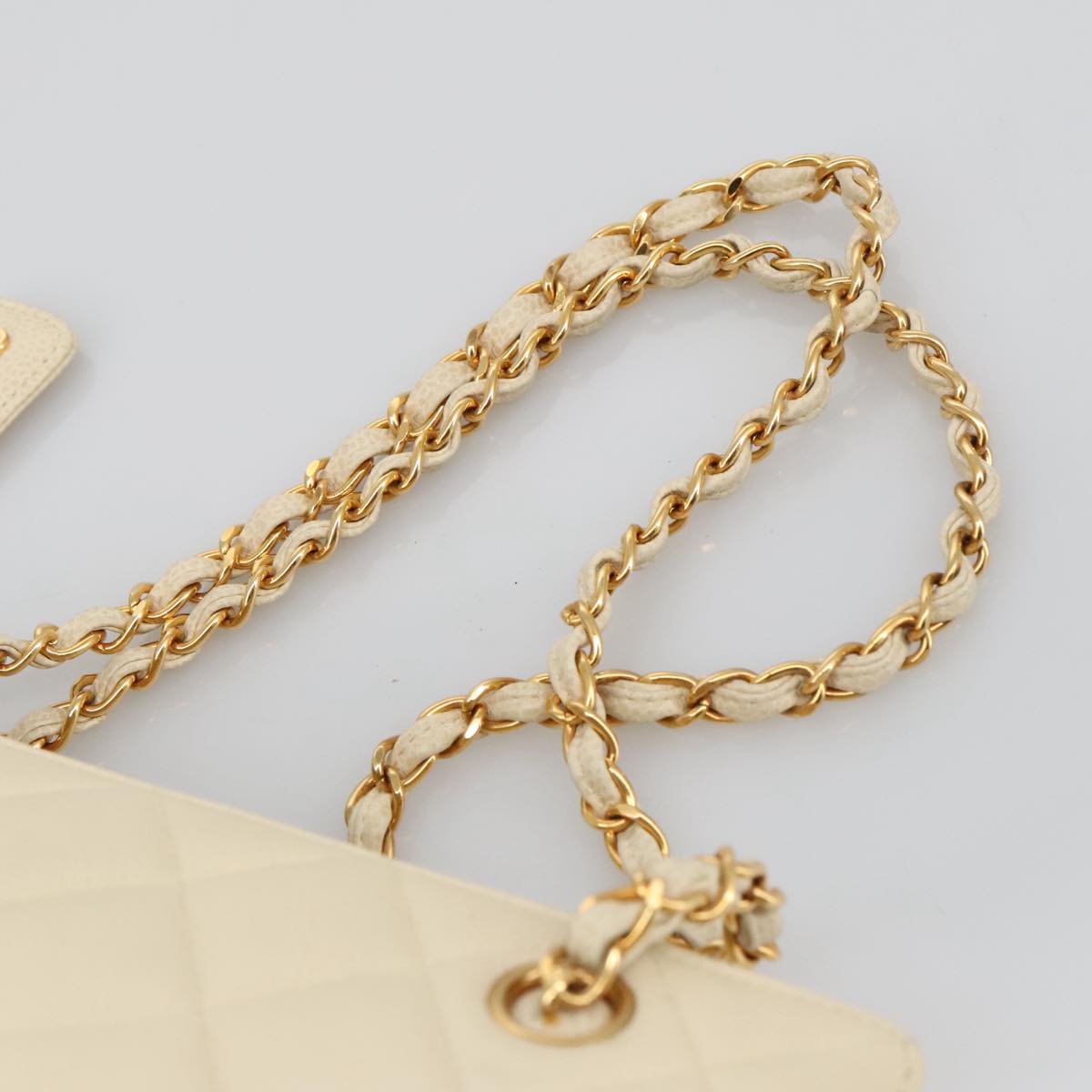 CHANEL Matelasse Chain Hand Bag Caviar Skin Beige Gold CC 102830