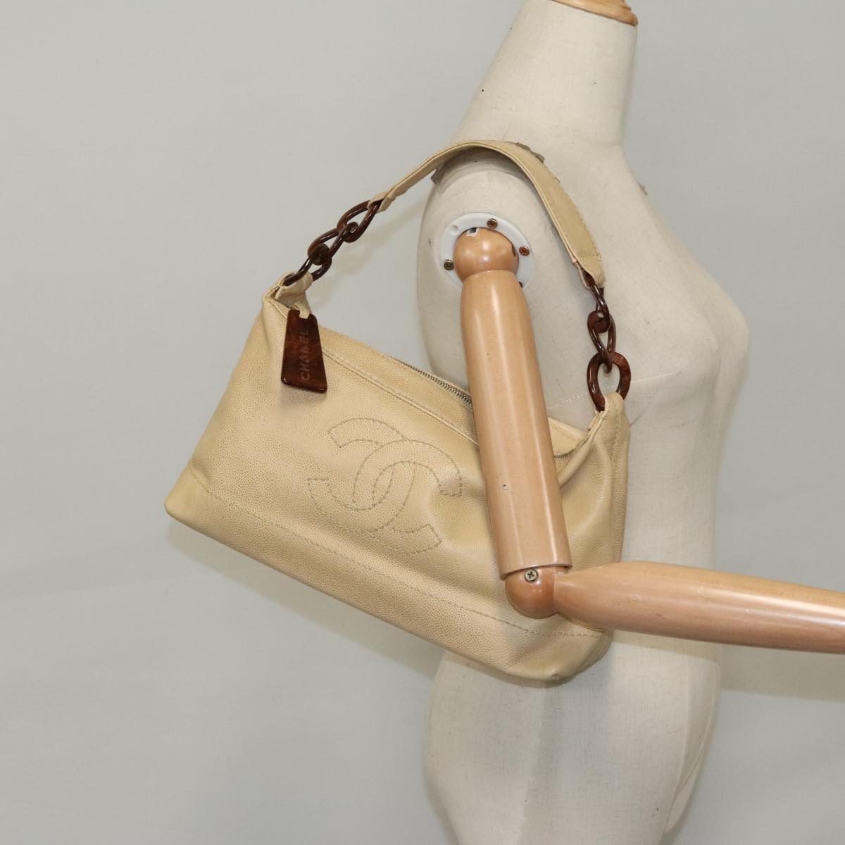 CHANEL COCO Mark Shoulder Bag Caviar Skin Beige CC 102917