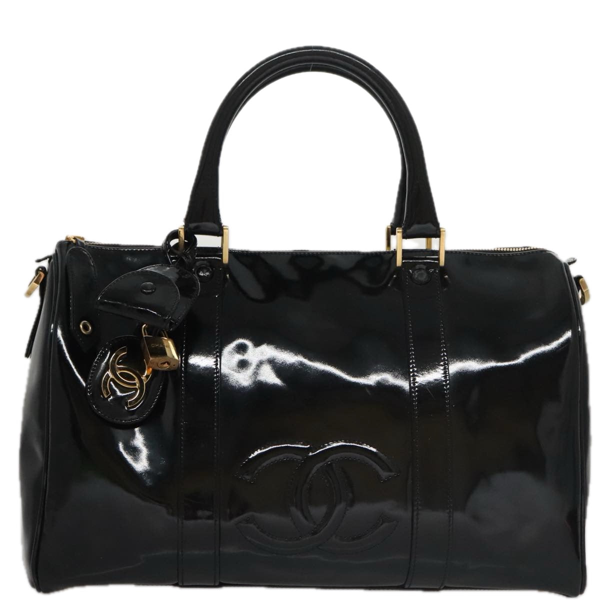 CHANEL Boston Bag Patent leather 2way Black Gold CC 102998