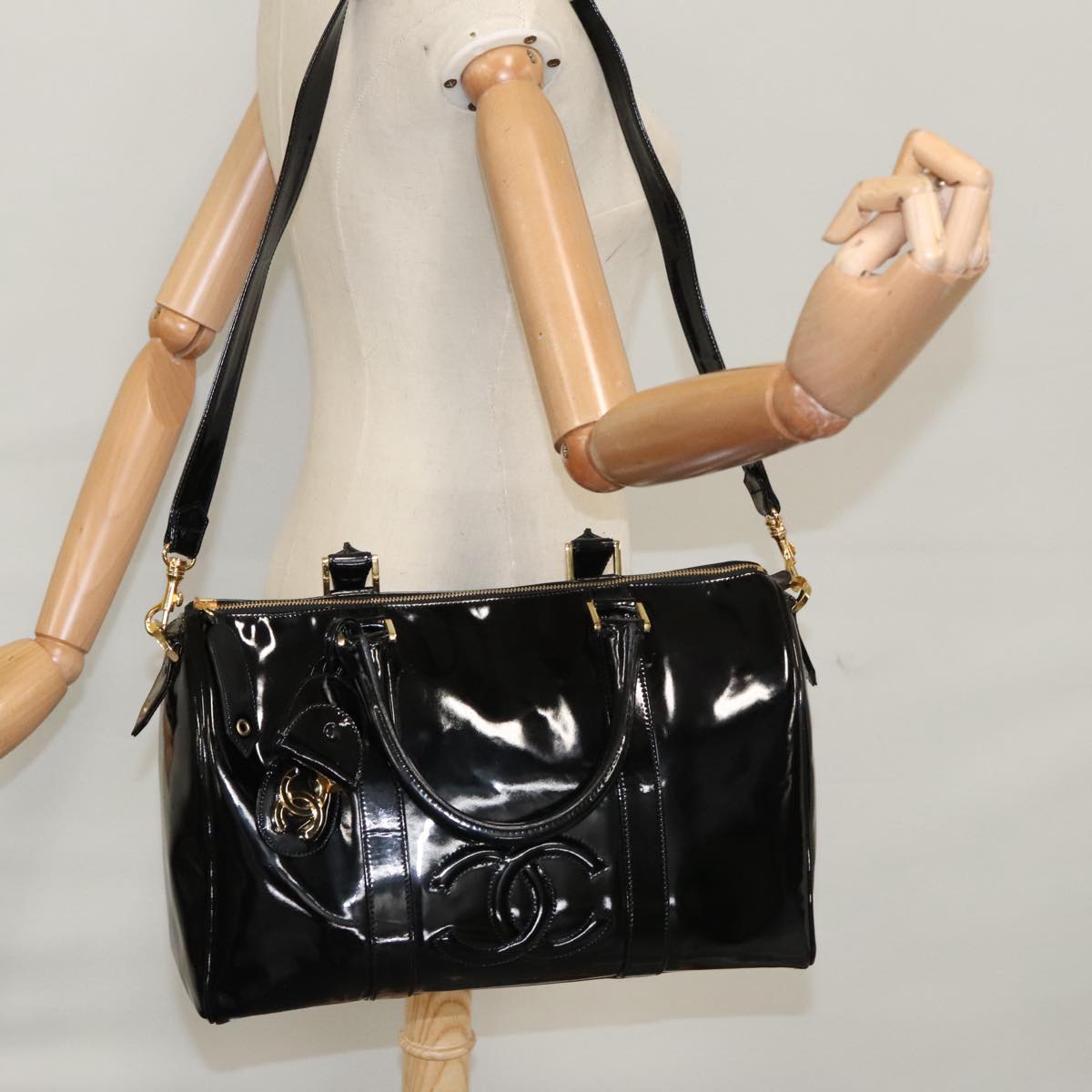 CHANEL Boston Bag Patent leather 2way Black Gold CC 102998