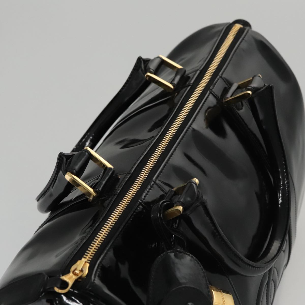 CHANEL Boston Bag Patent leather 2way Black Gold CC 102998