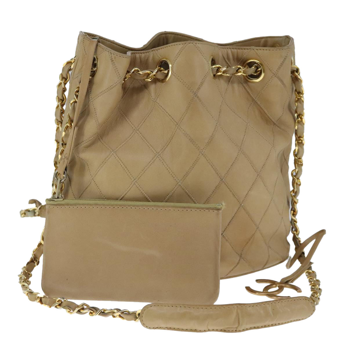 CHANEL Bicolore Chain Shoulder Bag Lamb Skin Beige Gold CC 103006