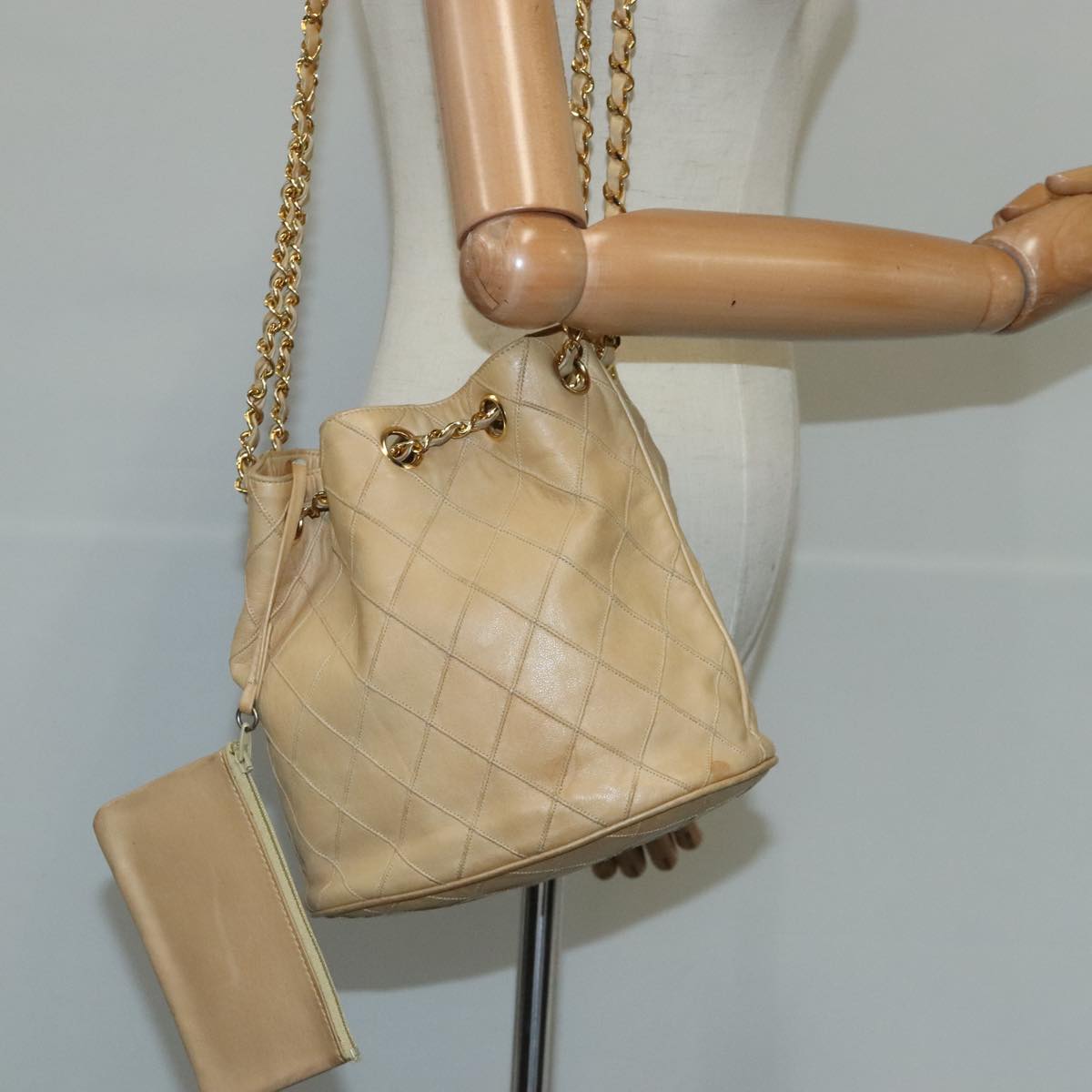 CHANEL Bicolore Chain Shoulder Bag Lamb Skin Beige Gold CC 103006